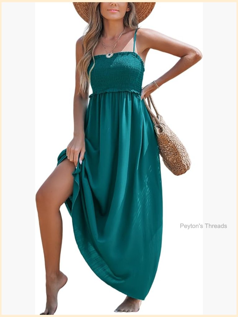 Smocked Ruffled Spaghetti Strap Maxi Dress Sleeveless Square Neck A-Line